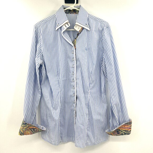Fior Da Liso Carina II Blue White Striped Equestrian Button Down Shirt Womens 14 - Picture 1 of 8